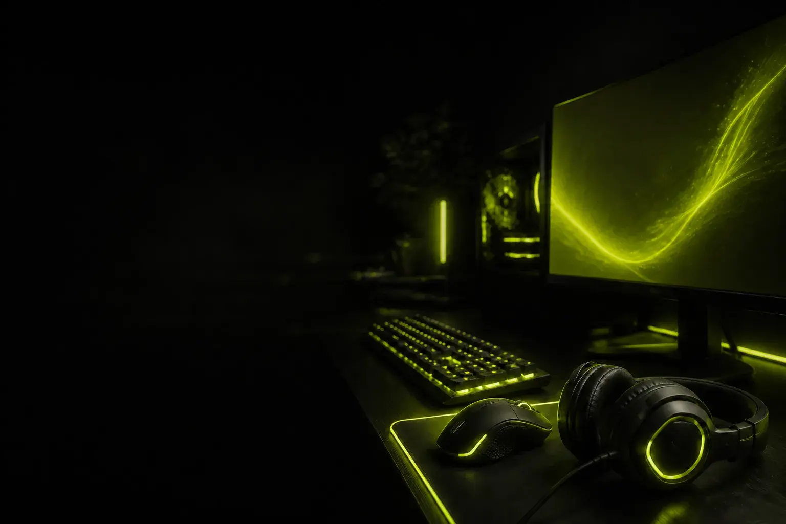 Setup gamer no escuro, com teclado, mouse, headset e monitor brilhando em luz verde neon